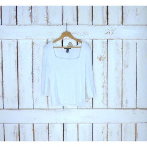 90s white fitted stretch ribbed pullover 3 quarter length sleeve top - Picture 1 of 5